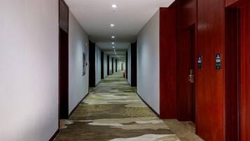 A long, narrow hallway with a patterned carpet and wooden doors on one side.