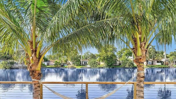 A wooden deck with a hammock, palm trees, and a water body in the background. - Lakefront Oasis In Hollywood | Hard rock casino (Fort Lauderdale)