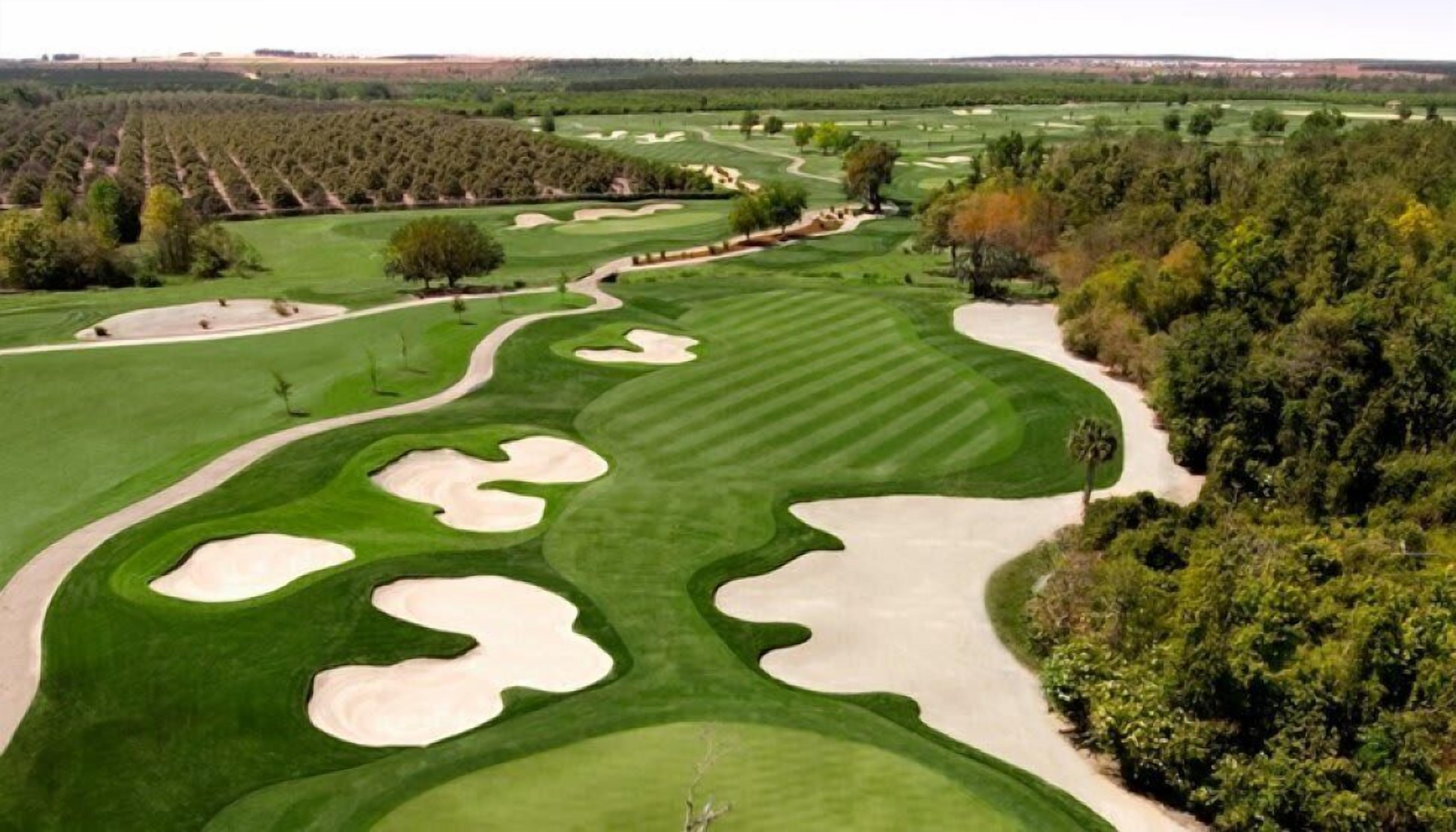 A golf course with sand bunkers, trees, and a clear sky.