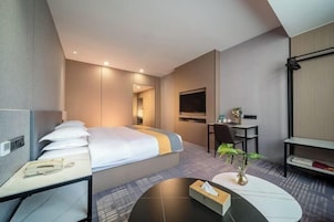Una habitación de hotel moderna con una cama, escritorio, silla, televisor y una planta pequeña.