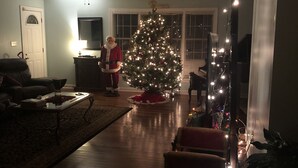 Una sala de estar con un árbol de Navidad, un ventilador de techo y una puerta.