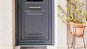 A dark grey door with a glass panel, a small potted plant beside it, and a number '95' sign on the wall.