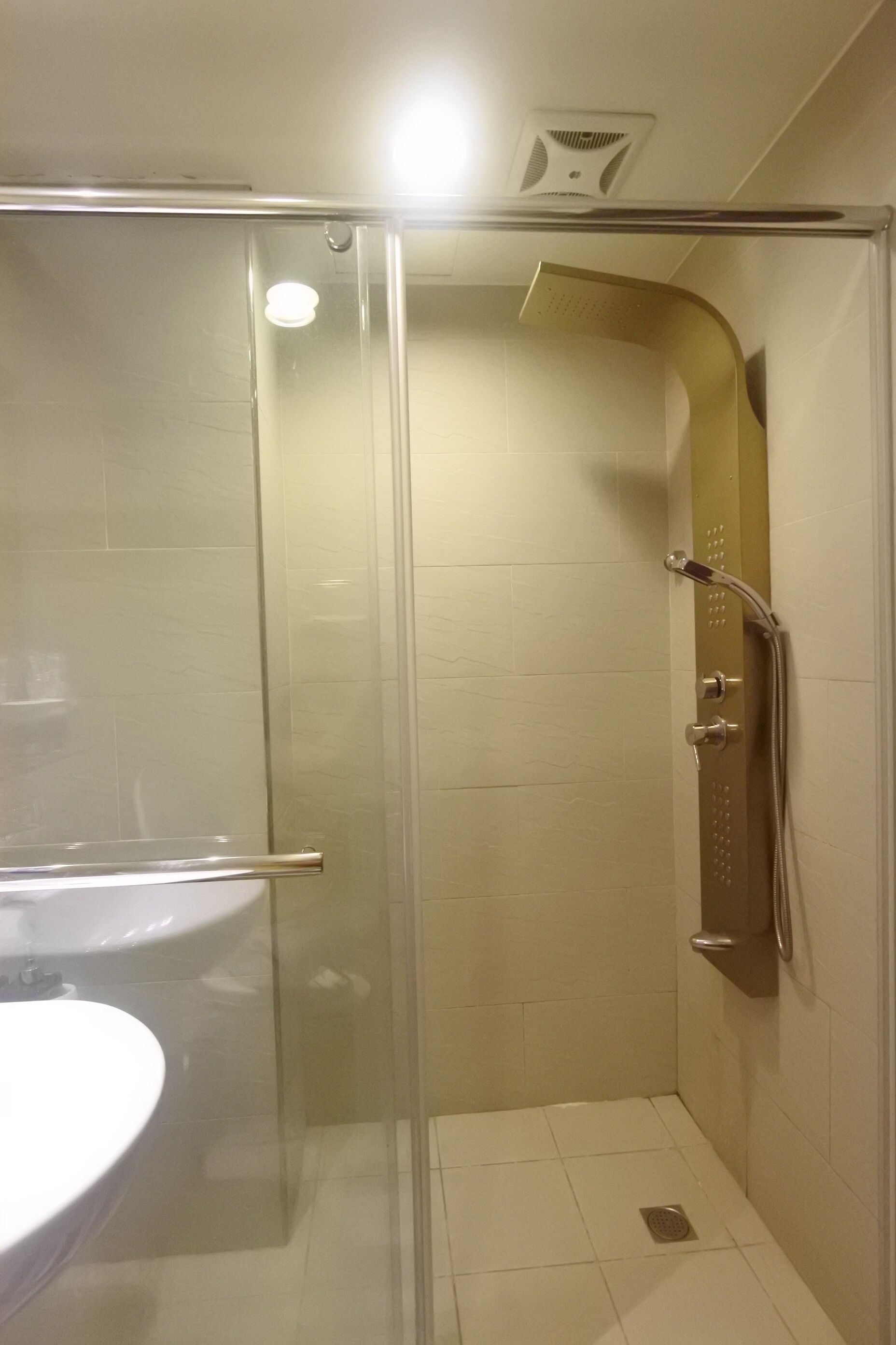 Shower, hair dryer, towels, toilet paper