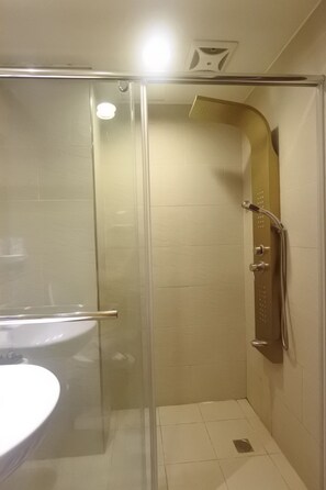 Shower, hair dryer, towels, toilet paper