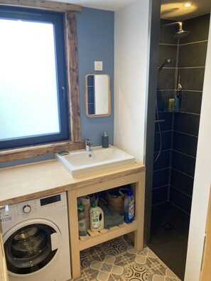 Shower, hair dryer, towels
