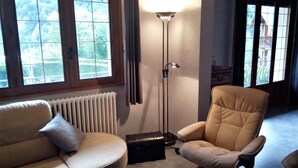 A room with a radiator, a floor lamp, a beige armchair, and a window with a view of greenery. - Villa 130 m² near 3 valleys and spa (Salins-Les-Thermes)