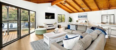 Televisión, chimenea, reproductor de DVD y libros