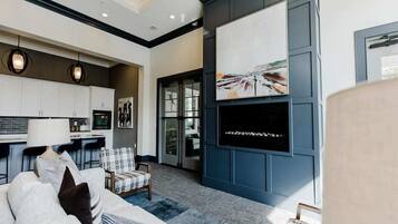 Smart TV, fireplace, books