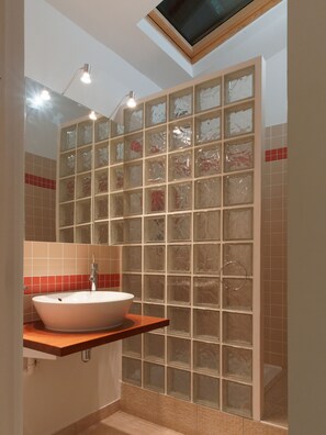 Ensemble douche/baignoire, sèche-cheveux, serviettes fournies, savon
