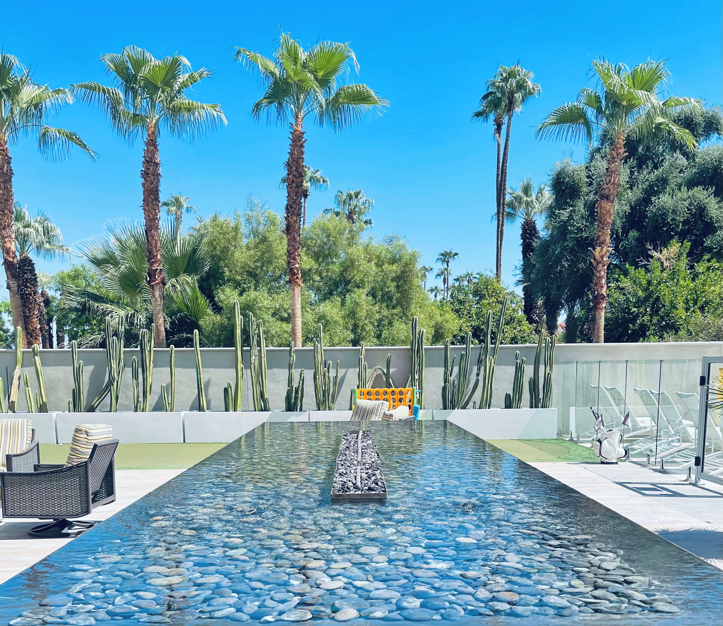 A pool with clear water, surrounded by palm trees and cacti, with lounge chairs and a sunbed in the background.