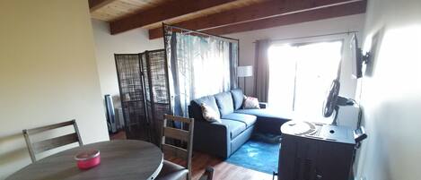 A living room with a sofa, a dining table with chairs, a heater, and a window with curtains.