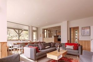 Smart TV, fireplace, books, stereo