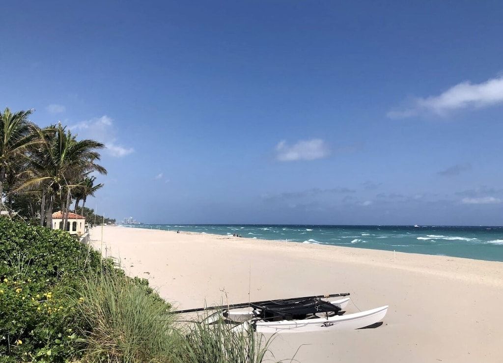 Una playa con un bote blanco sobre la arena, palmeras y un cielo azul despejado.