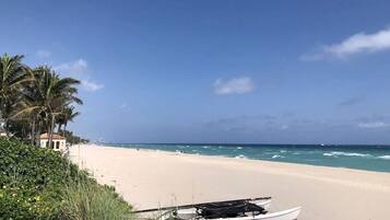 Una playa con un bote blanco sobre la arena, palmeras y un cielo azul despejado.