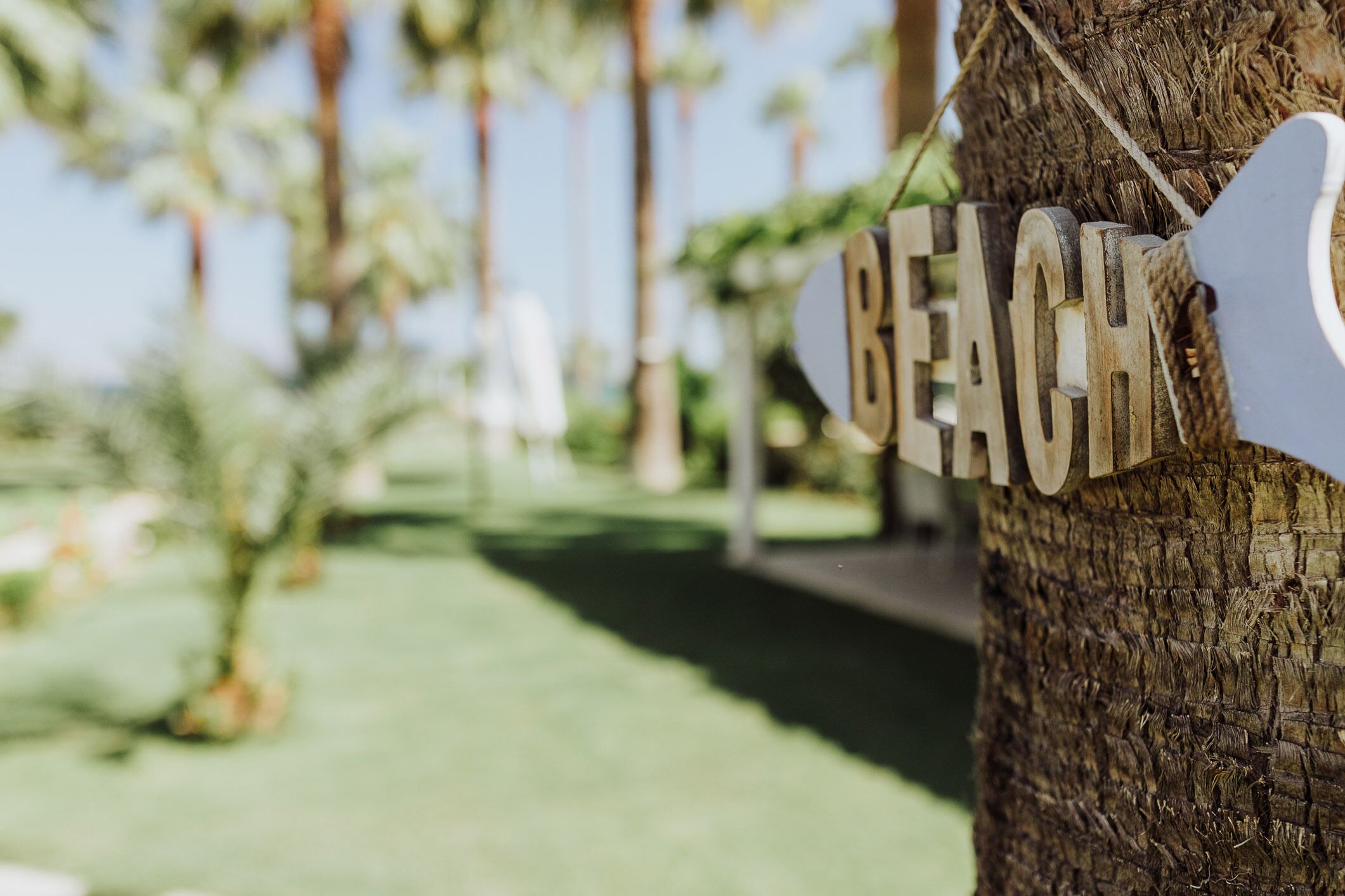 Un letrero de madera con la palabra 'BEACH' sujeto a un tronco de árbol, señalando una ubicación de playa.