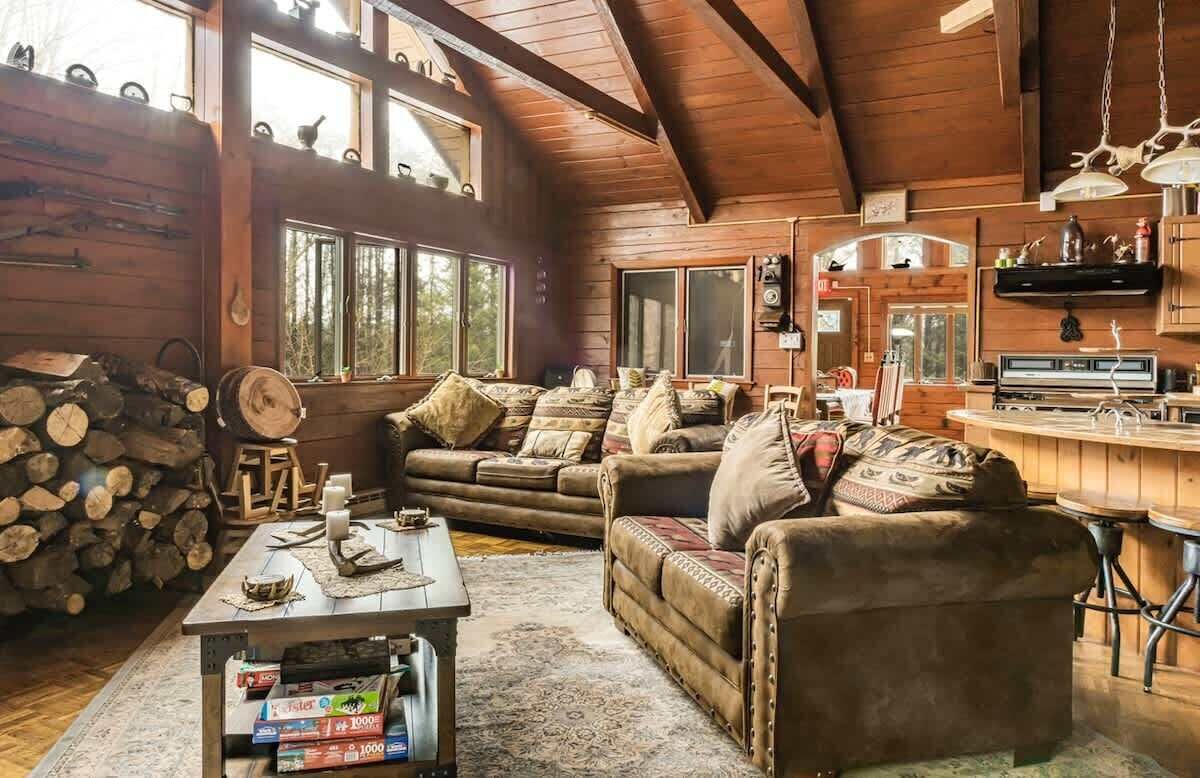 TV connectée, cheminée, chaîne hi-fi, écrans d'ordinateur