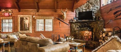 Smart TV, chimenea, estéreo y monitor de computadora