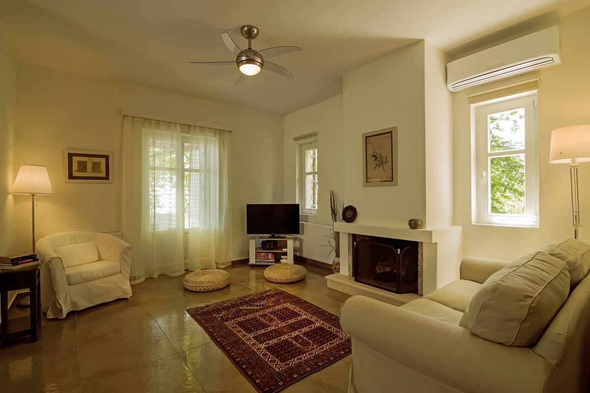 A living room with a fireplace, two sofas, a television, and a ceiling fan.