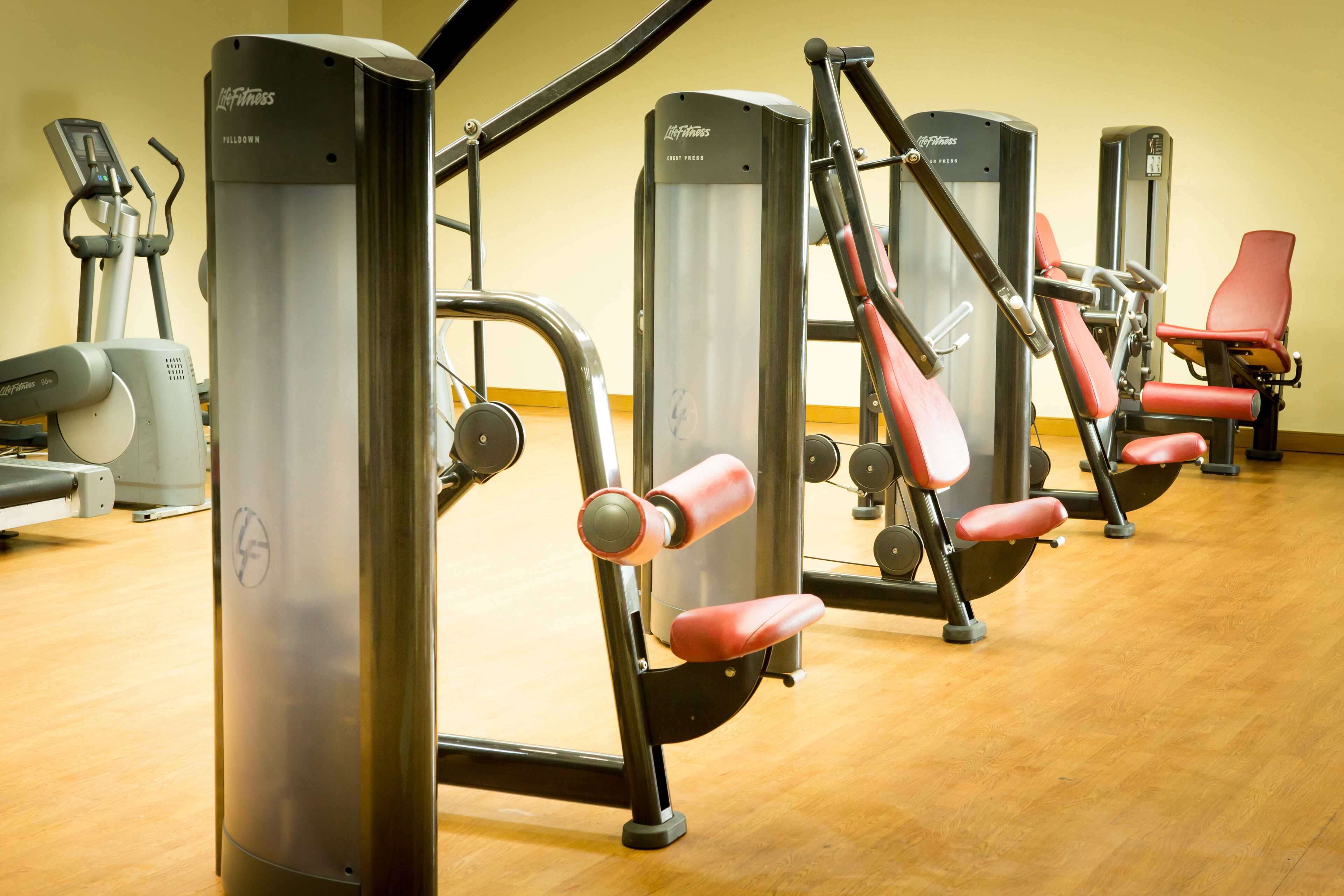 Un gimnasio con diversas máquinas de ejercicio, incluyendo elípticas y máquinas de pesas.