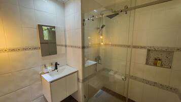 Shower, hair dryer, bidet, towels