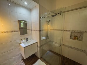 Shower, hair dryer, bidet, towels