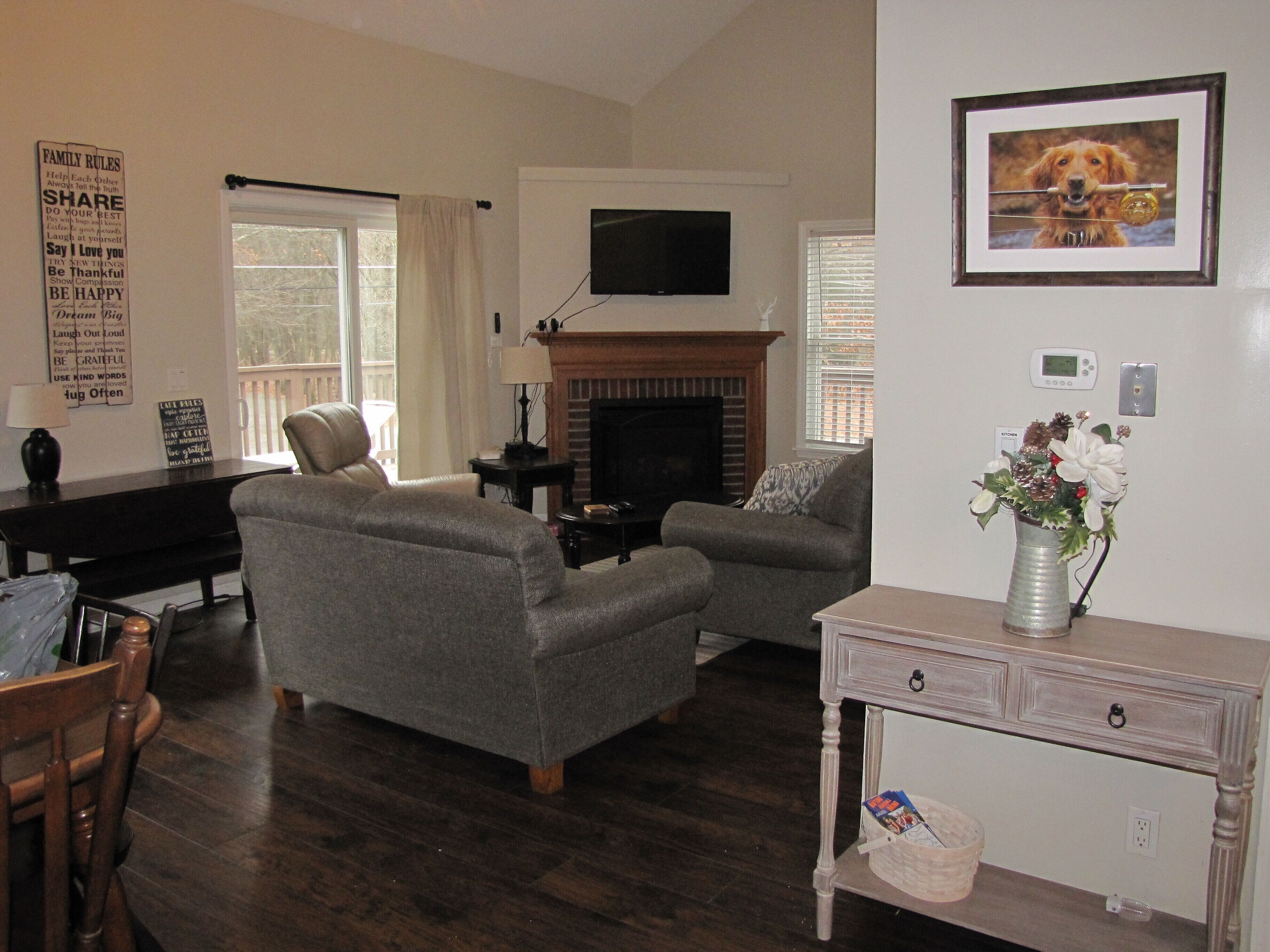 Smart TV, fireplace, video games, DVD player