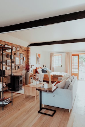 Fireplace, books, stereo, printers