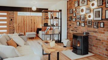 Fireplace, books, stereo, printers