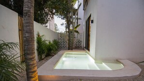 A swimming pool with a concrete edge, surrounded by gravel and plants, with a palm tree and a white wall in the background. - Tannah Luxury Villa Encanto (Mérida)