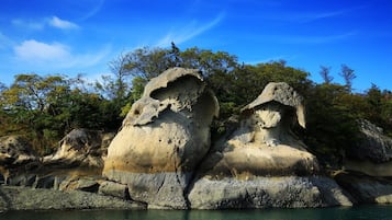 Formación rocosa natural con cielo despejado y árboles al fondo.