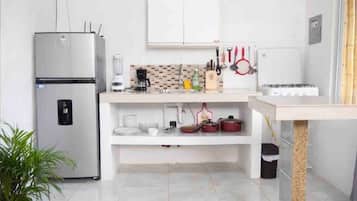 Køleskab, brødrister, blender, køkkentøj/tallerkener/redskaber