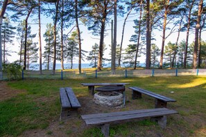 Een picknickplaats met banken en een vuurplaats, omringd door hoge bomen en uitzicht op het water.