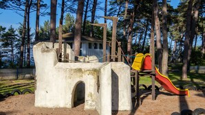 A playground with a slide and climbing structures, surrounded by trees. - Double room 17 - Ferienanlage Zum Knirk (Lubmin (Seebad))