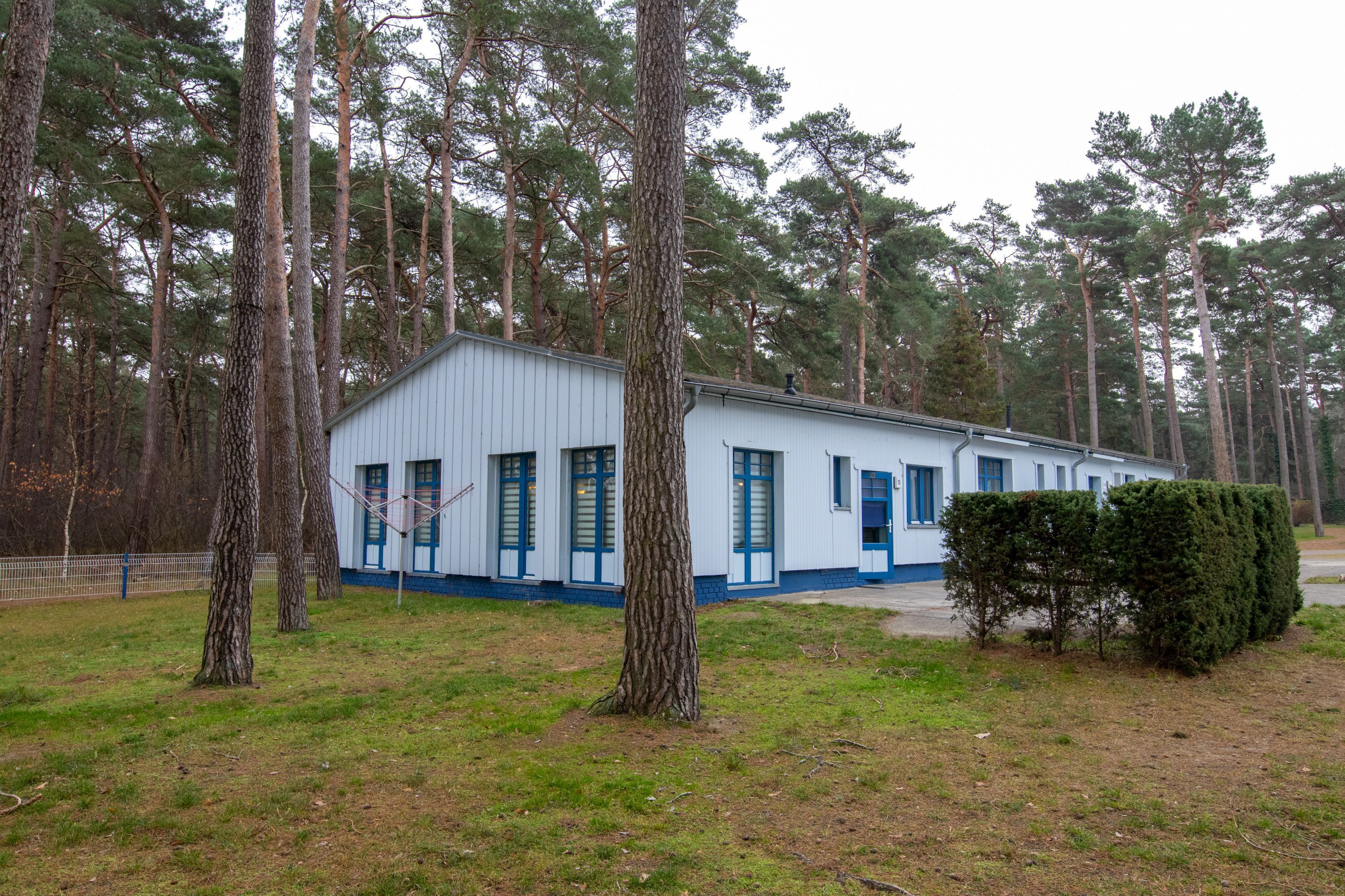 Een laag gebouw met een witte gevel en blauwe accenten, omringd door hoge dennenbomen.