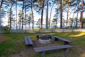 En plats för picknick med bänkar och en eldstad, omgiven av höga träd och med utsikt över vattnet.