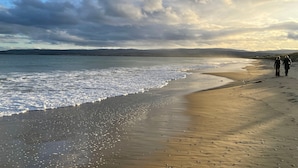 A beach with a wide sandy shore, gentle waves, and a cloudy sky. - Mid-century beach front house, on five private acres, dogs welcome (Dolphin Sands)