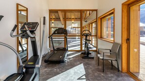 A gym with treadmills, an elliptical, and a chair, with large windows and a view of the outdoors. - Apartment in French Alps with Wellness Centre (Abondance)