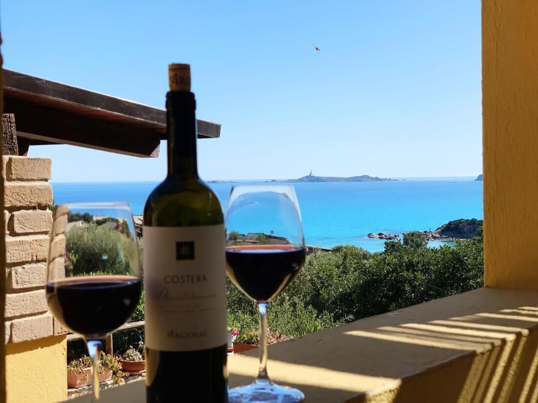 A bottle of Coster wine and a glass of red wine on a balcony with a view of the sea and a distant island.