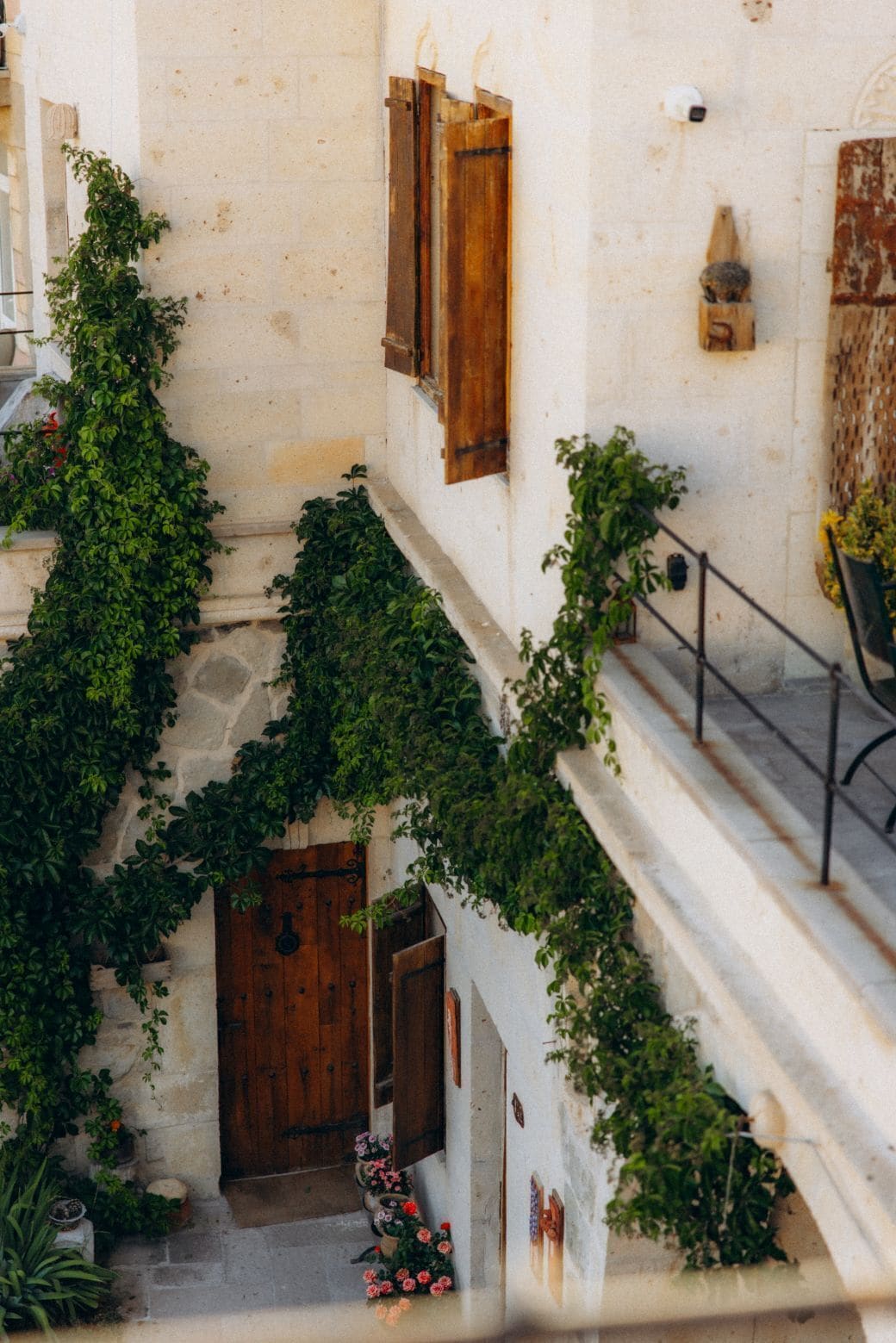 A narrow stone staircase with a wooden door at the bottom, surrounded by lush green ivy.