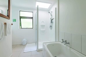 Shower, hair dryer, towels