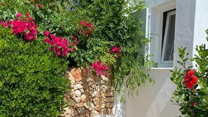 Un muro de piedra con una pequeña puerta de madera, un edificio blanco con una ventana y un cubo azul y blanco con rayas etiquetado como "FLOWERS" en el suelo.