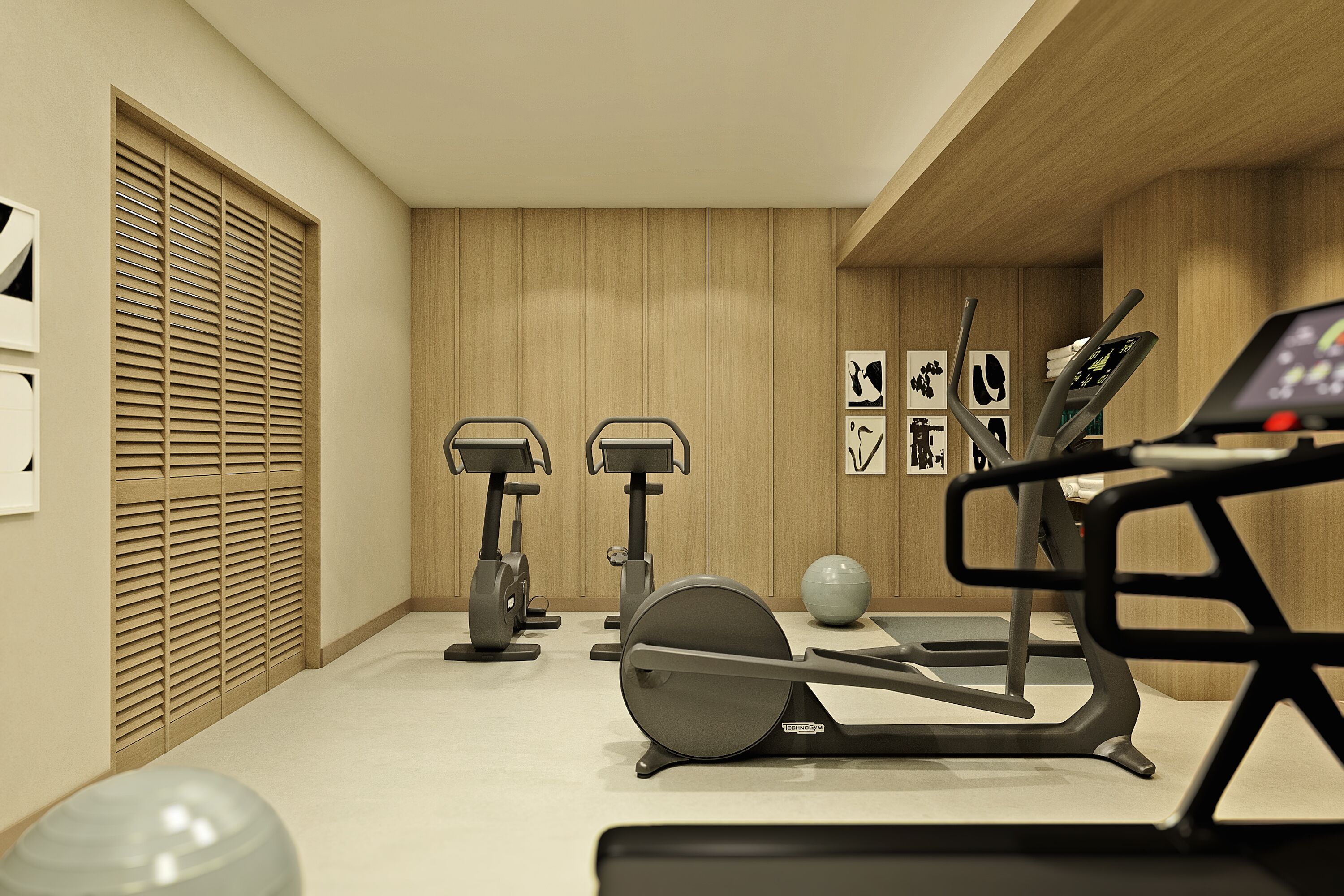 Academia moderna com bicicletas ergométricas, esteira e bolas de exercício.