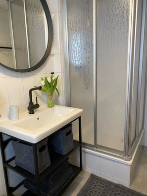 Shower, hair dryer, towels
