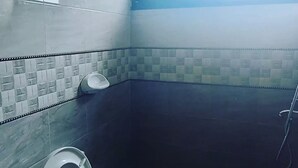 Een badkamer met toilet, handdroger en douche.
