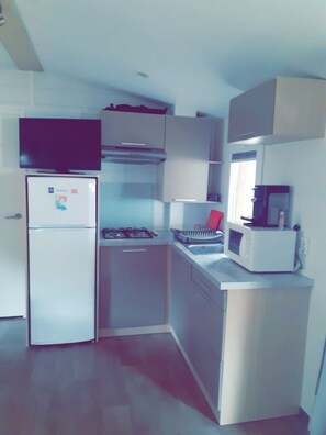 Fridge, microwave, coffee/tea maker, electric kettle - Mobile home for rent - Camping Le Bosc St-Cyprien 66 (Saint-Cyprien)