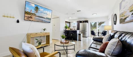 Smart TV, fireplace, books