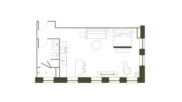 A floor plan of a hotel room with a bed, a desk, a chair, a small table, a sofa, and a window.