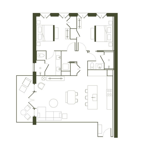 Plano de planta de un hotel con varias habitaciones, un comedor y una cocina.