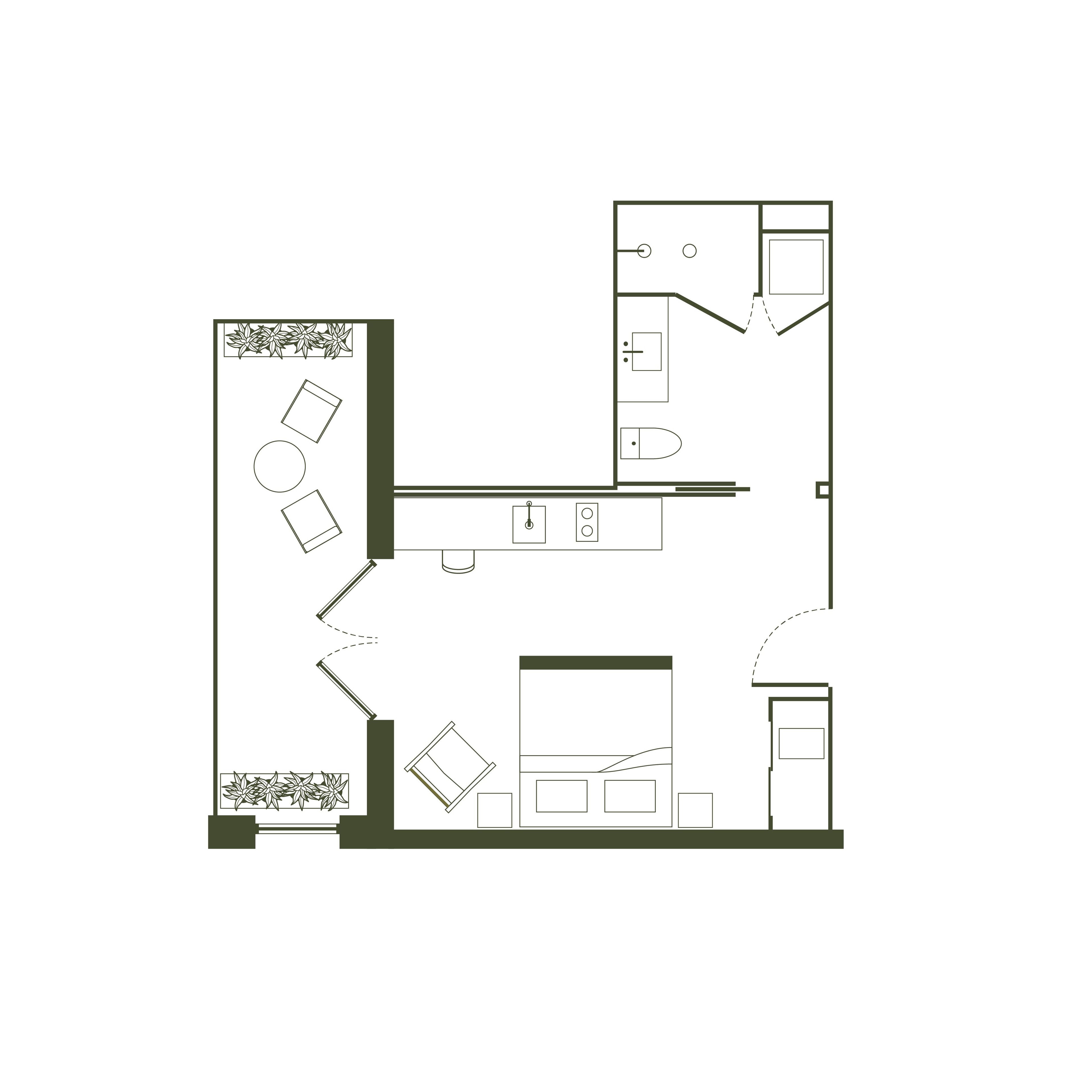 Plano de una habitación de hotel con kitchenette, baño, zona de estar con mesa y sillas, y un pequeño balcón.