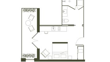Plano de una habitación de hotel con kitchenette, baño, zona de estar con mesa y sillas, y un pequeño balcón.
